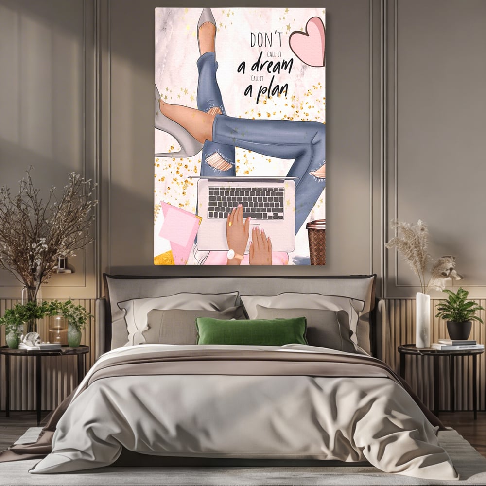 Tablou canvas cu ilustratie digitala cu femeie la laptop, fara rama, pe sasiu de lemn, pe perete intr-un dormitor